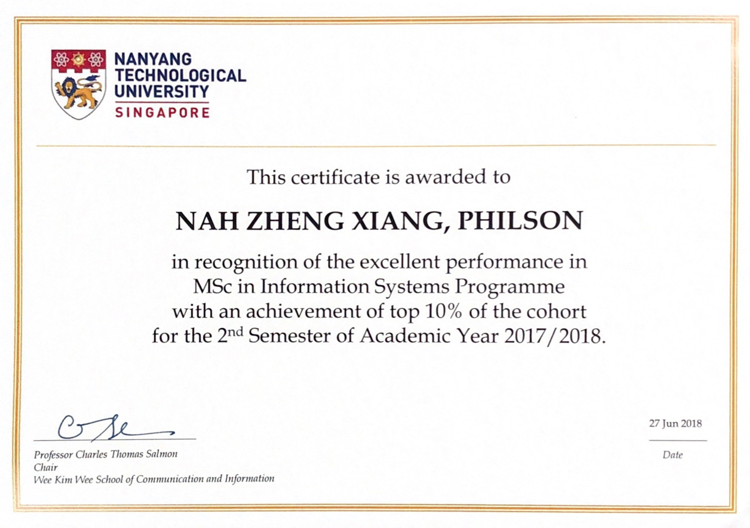 NTU Certificate of Excellence